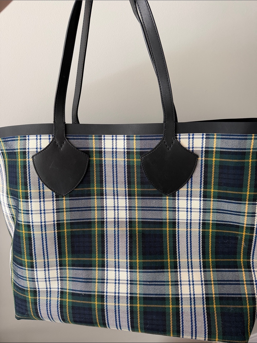 Burberry Navy, Green, Cream Plaid Tote with Black Leather Trim